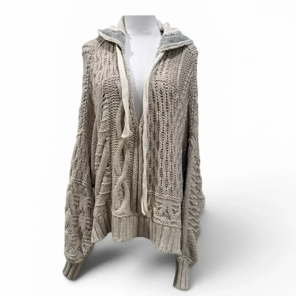 Free People Elan Tierra Cable Knit Hooded Sweater Oversized XS/M Boho Cabincore